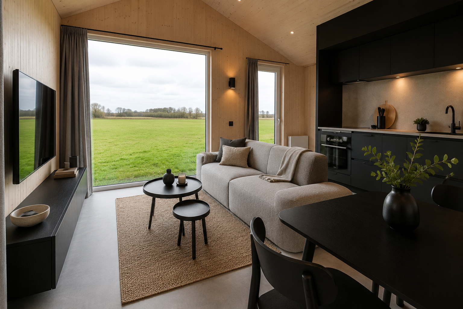 Compacte woonkamer met zithoek en keuken.