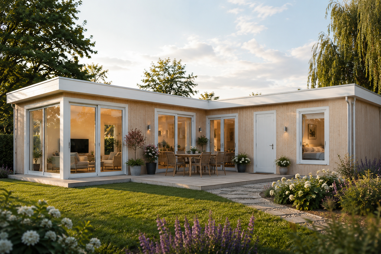 Modern chalet in tuin met luxe uitstraling en veel lichtinval