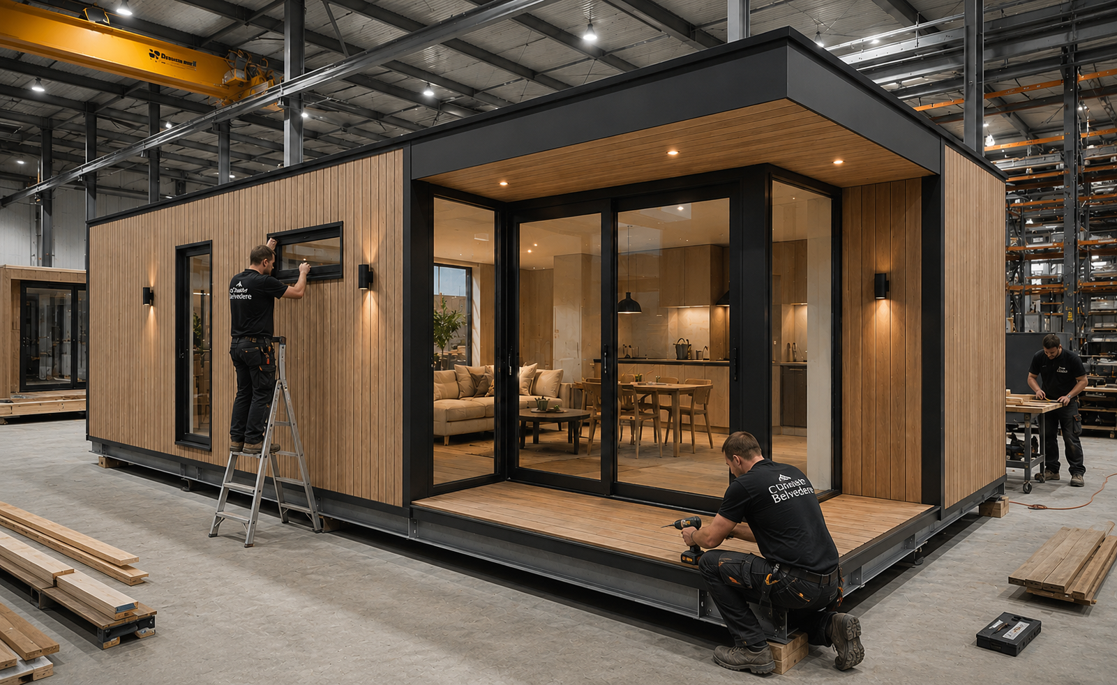 Chalets in de fabriek van hout met grote raampartijen
