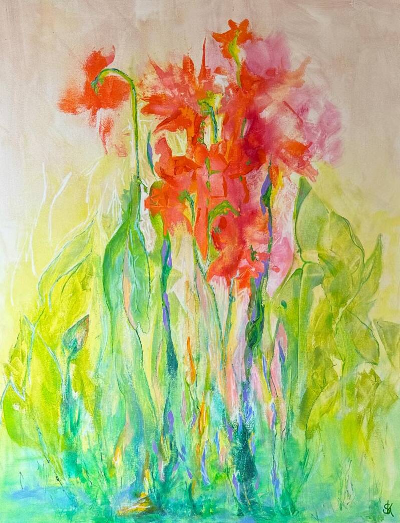 een figuratief schilderij in acrylverf waarbij bladeren, bloemknoppen en ontloken bloemen uit het water groeien 