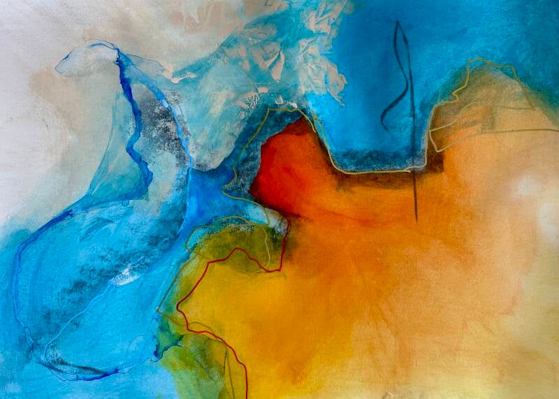 abstract schilderij op papier in geel, oranje en blauw - de blauwen zijn in en door elkaar gevloeid zodat ze transparant water voorstellen