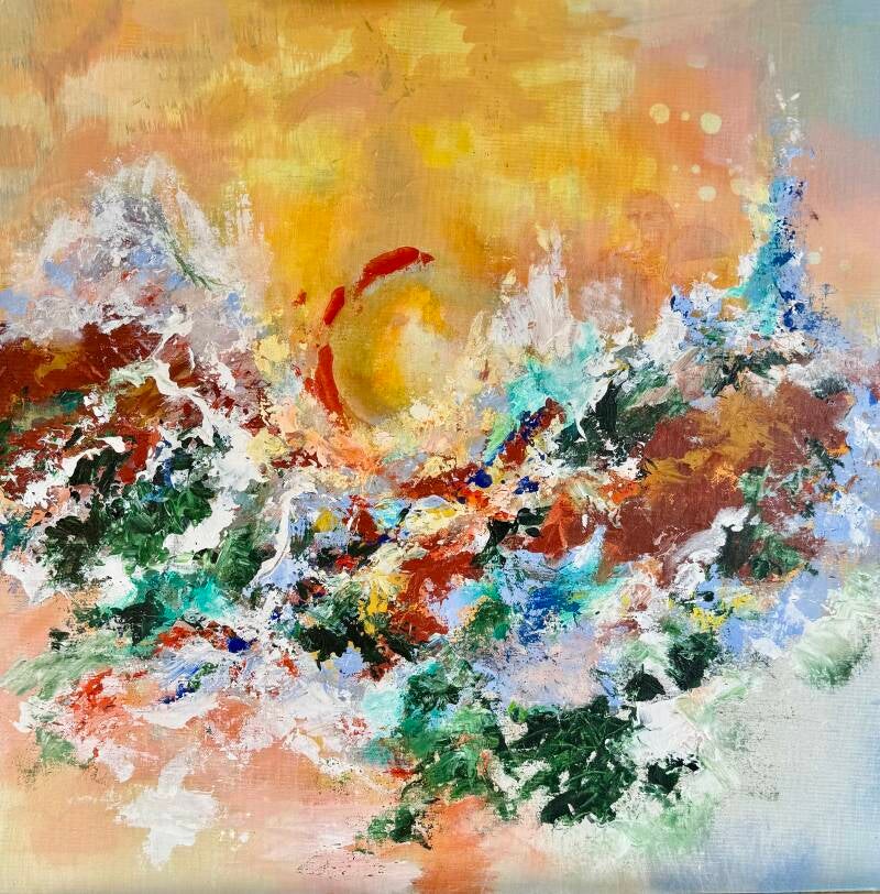 een zeegezicht met ondergaande zon = woeste golven in aqua tinten slaan kapot tegen rotsen 