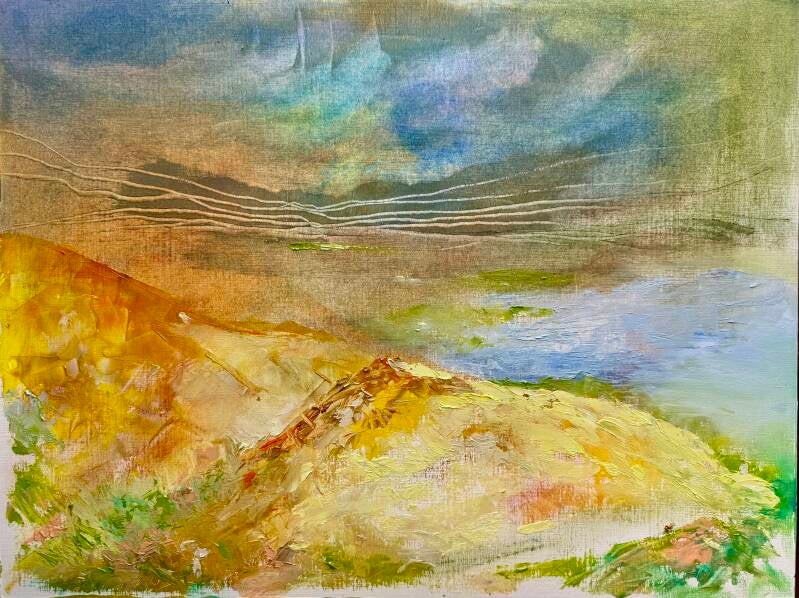 duinlandschap met op de voorgrond zand en wat begroeiing  - water en de lucht is weergegeven in strepen wolken