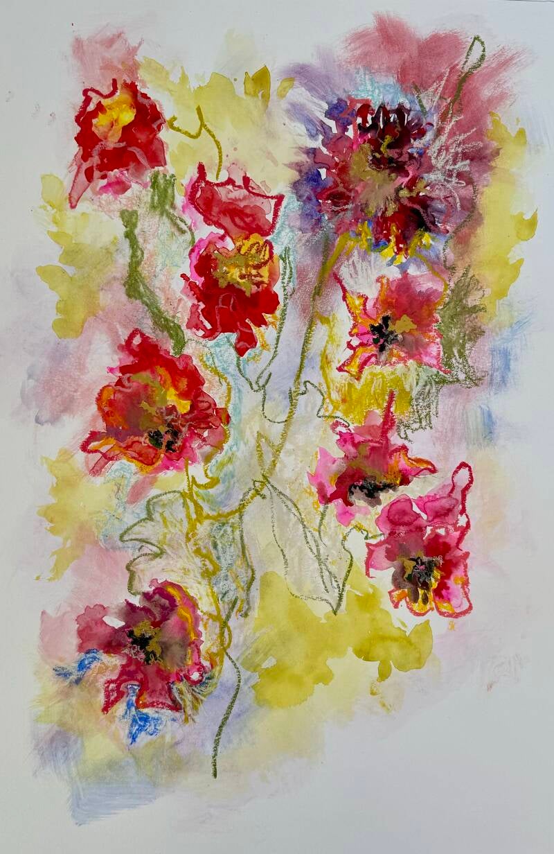 Bloemranken klimmen omhoog - getekend in oliepastel en gekleurd met waterverf