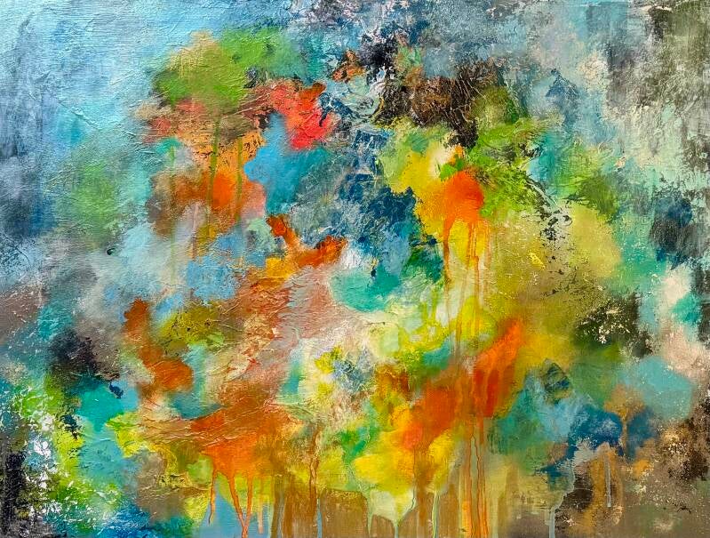 abstract kleurrijk levendig schilderij op canvas met structuur en druipende verf.