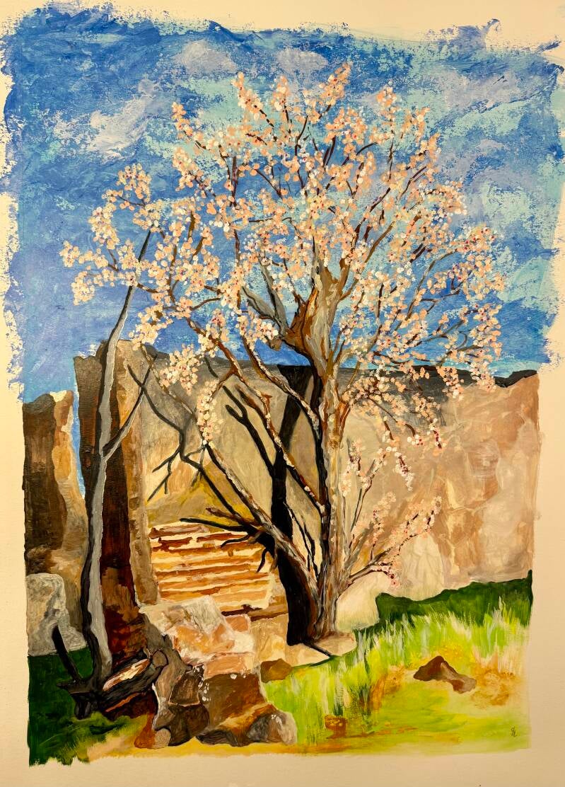 En op papier geschilderde amandelboom tegen de achtergrond van een ruïne