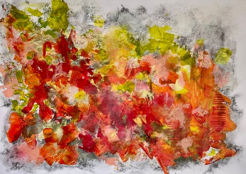 een in mixed media geschilderde bloemenvoorstelling - een weelderige tuin