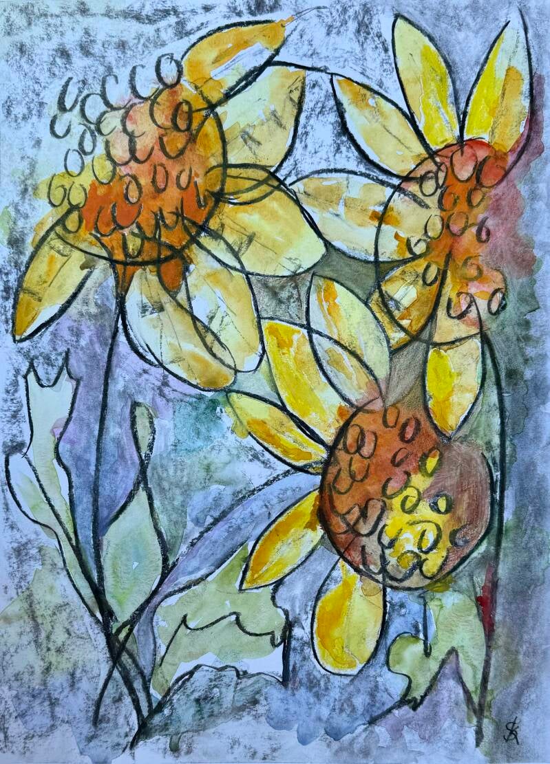 In houtskool getekende geel oranje zonnebloemen