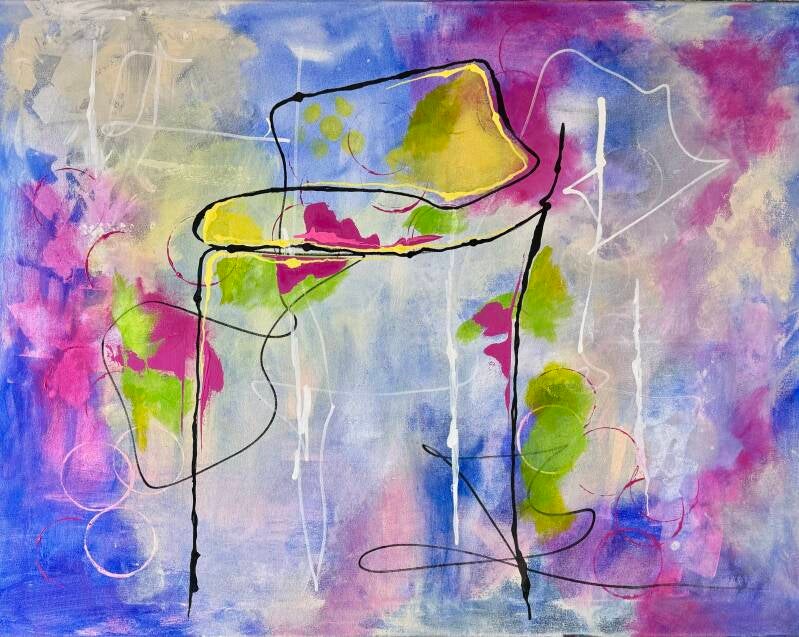 Tegen een kleurrijke achtergrond van roze en blauw zijn lijnen en cirkels te zien in zwart en wit 