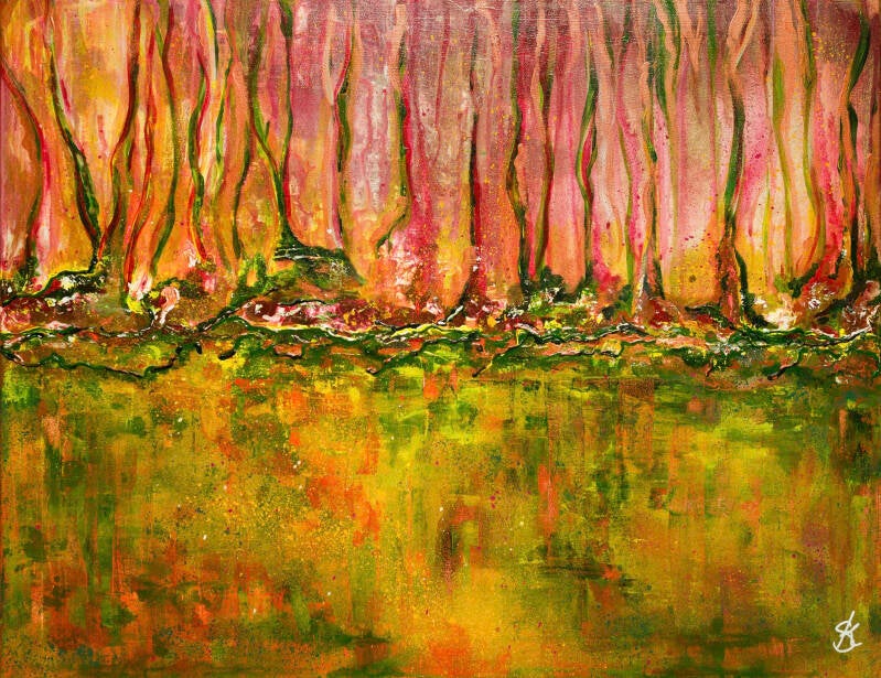 Abstract schilderij op canvas waarbij naar beide zijden verf is gedropen in groen en koper achtige kleuren