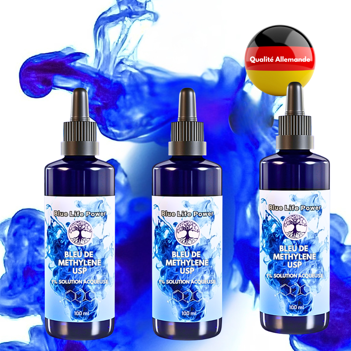 Solution de bleu de Méthylène à 1 % pharmaceutique % 300 ml | Ultra Haute Pureté USP - Testé | Sans métaux lourds | Bleu de Méthylène | Bouteille en verre | Blue Life Power®