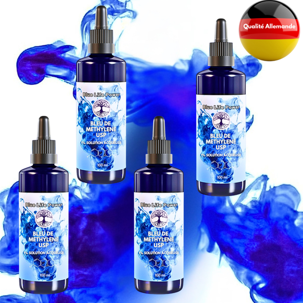 Solution de bleu de Méthylène à 1% pharmaceutique pur à  400 ml | Ultra Haute Pureté USP - Testé | Sans métaux lourds | Bleu de Méthylène | Bouteille en verre | Blue Life Power®