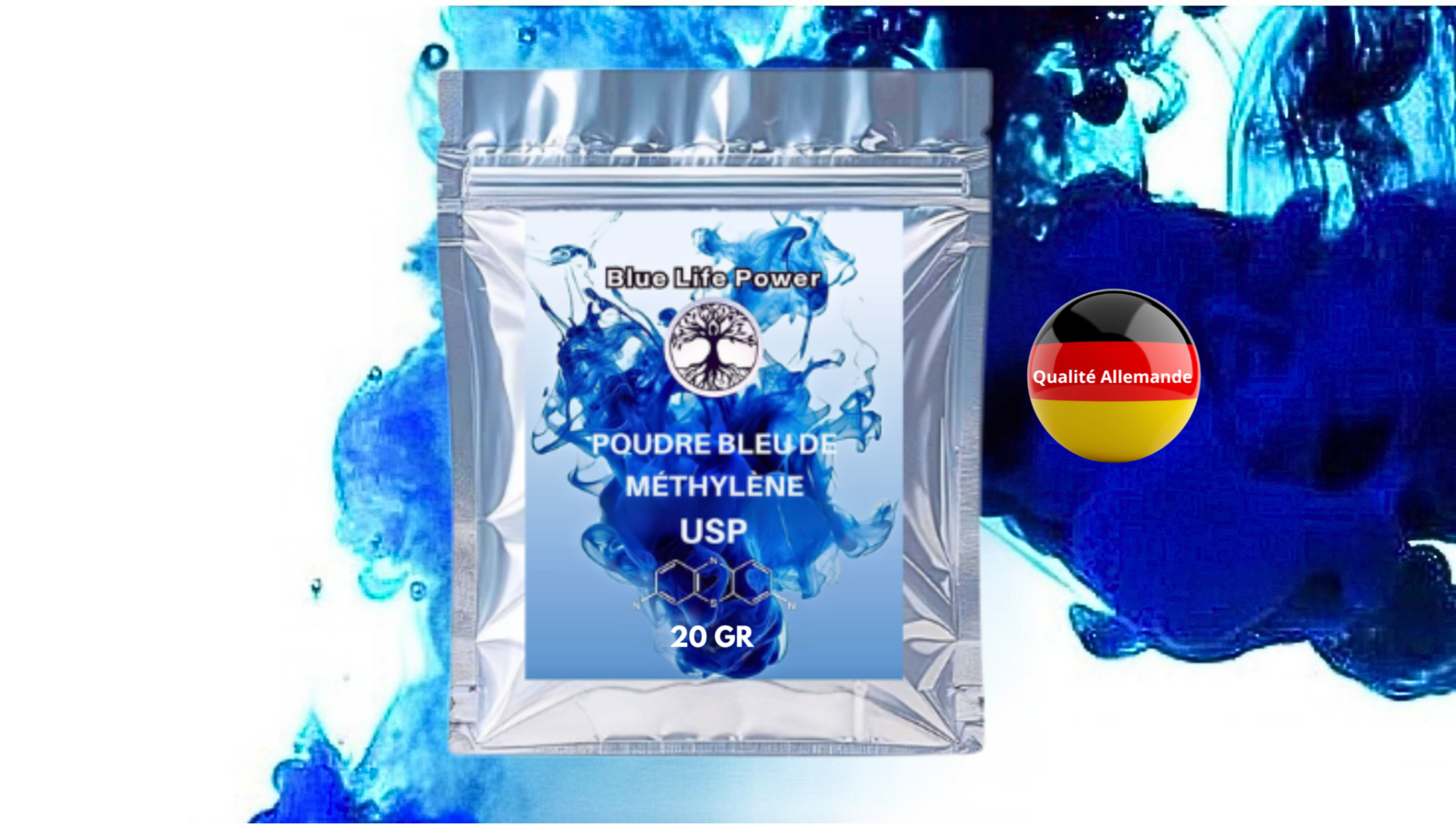 Poudre de bleu de Méthylène 20 GR de qualité pharmaceutique  | Ultra Haute Pureté | Testé en laboratoire | Sans métaux lourds | Bleu de Méthylène | Sachet anti-uv | Blue Life Power®