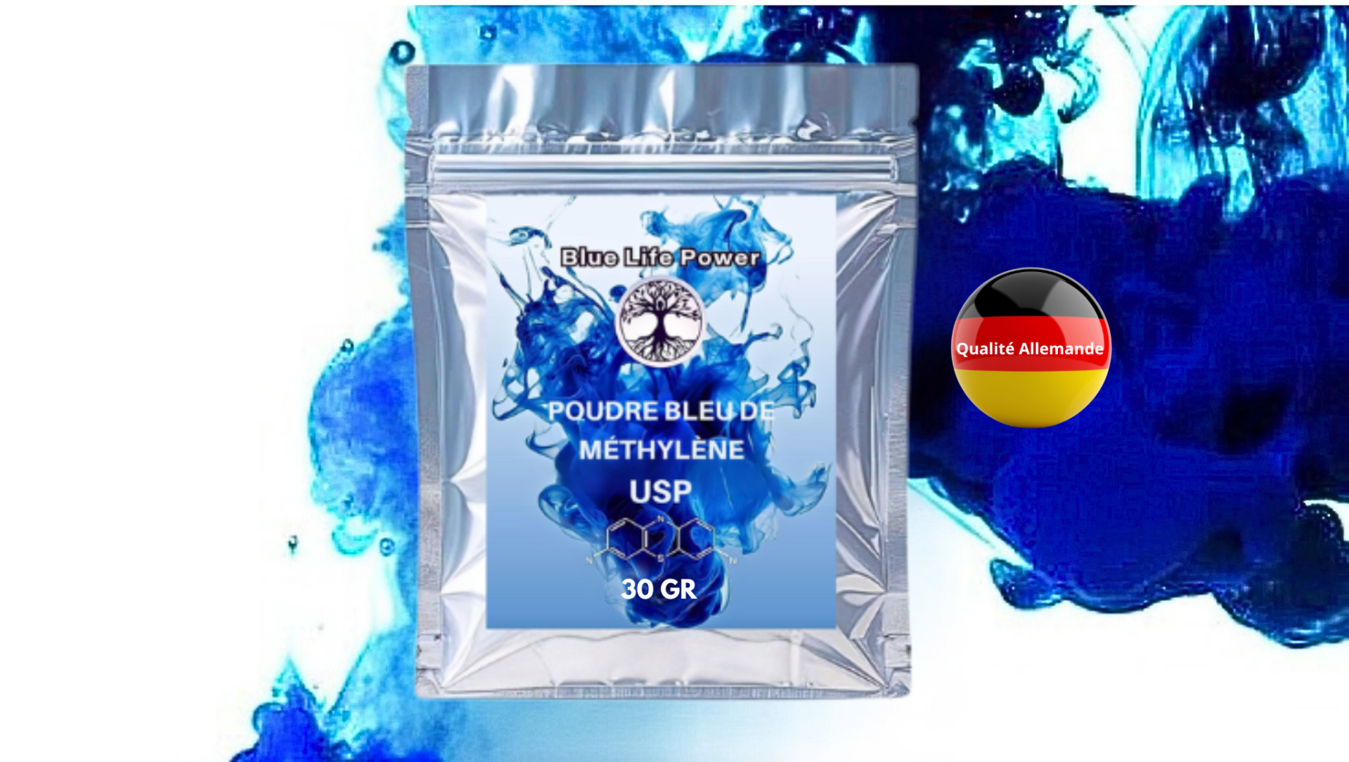 Poudre de bleu de Méthylène 30 GR de qualité Pharmaceutique  | Ultra Haute Pureté | Testé en laboratoire | Sans métaux lourds | Bleu de Méthylène | Sachet anti-uv | Blue Life Power®