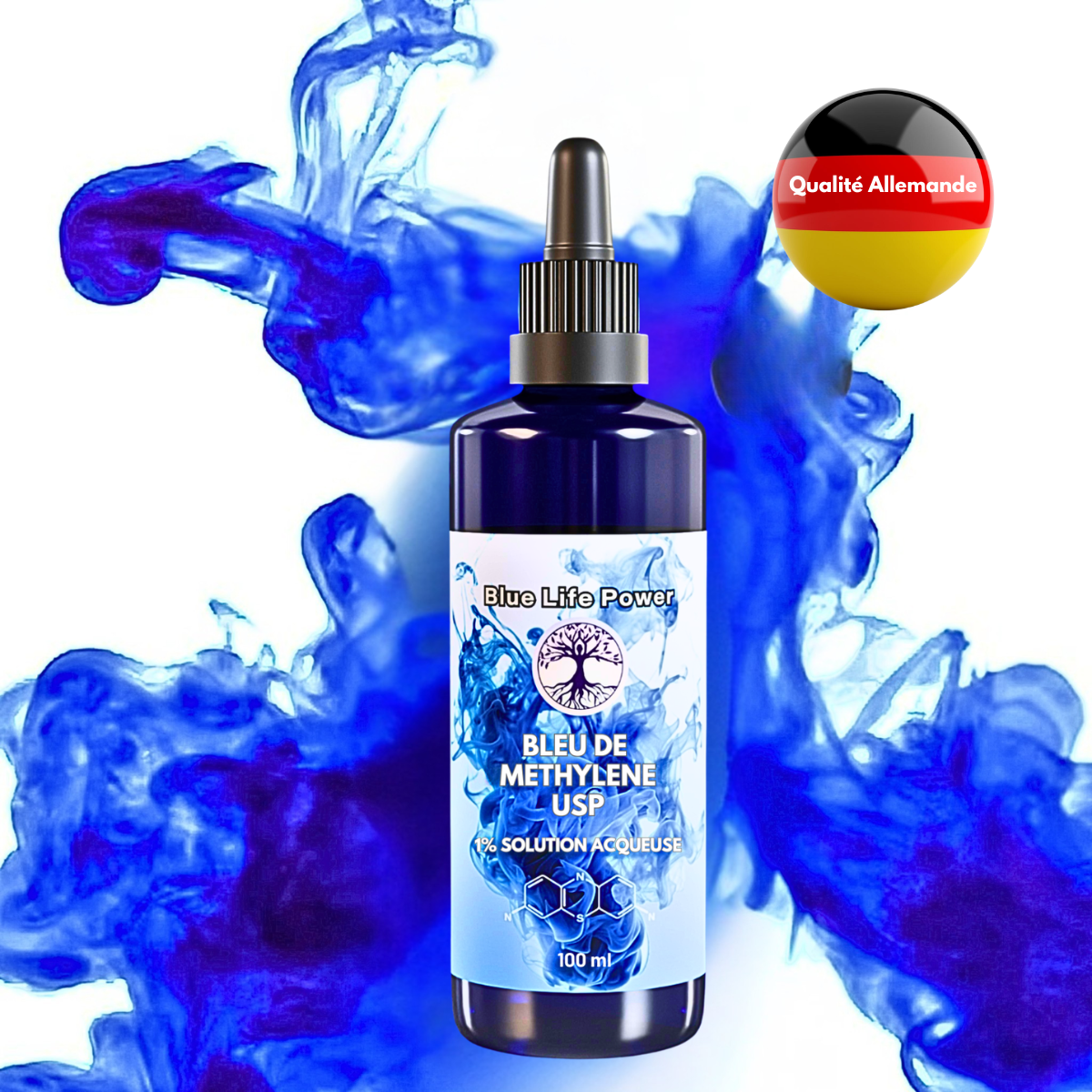 Solution de bleu de méthylène à 1% haute pureté pharmaceutique 100 ml | Ultra Haute Pureté USP - Testé | Sans métaux lourds | Bleu de Méthylène | Bouteille en verre | Blue Life Power®