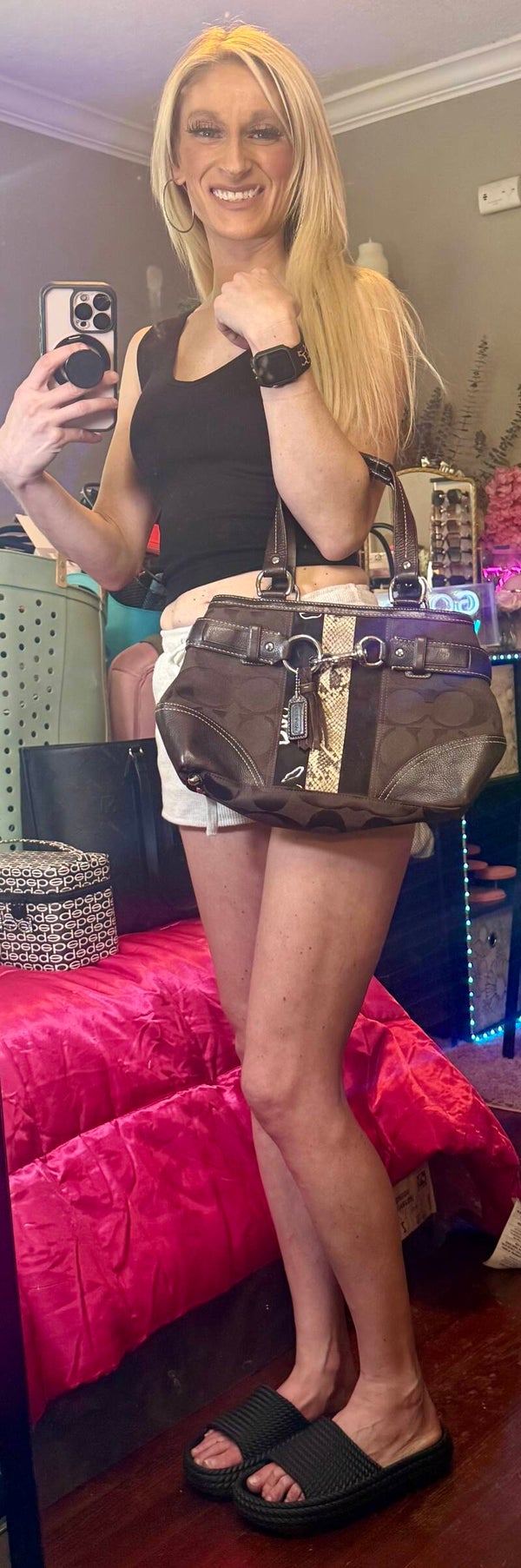 Coach Brown Signature Purse With SnakeSkin Stripe