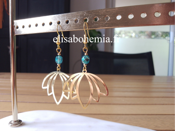 Boucles d'oreilles fleurs bleu et or