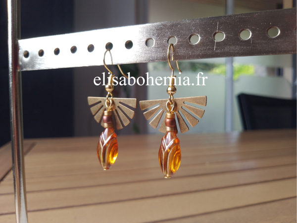 Boucles d'oreilles éventails ambre et or