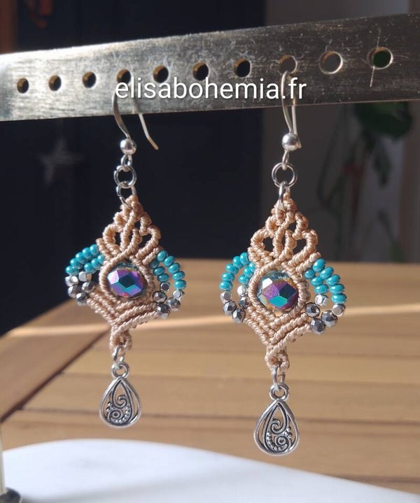 Boucles d'oreilles bohème chic lin et bleu