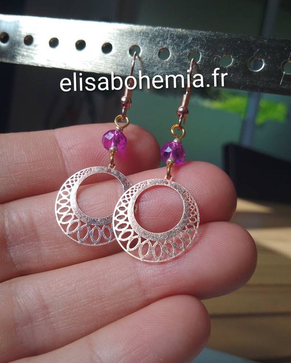 Boucles d'oreilles créoles or doré et fushia
