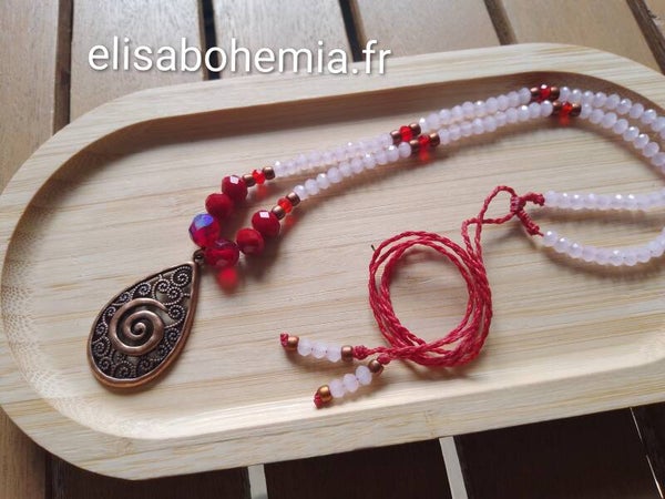 Collier goutte cuivrée rose et rouge