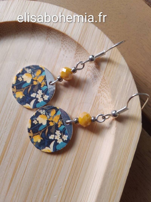 Boucles d'oreilles fleuries moutarde et bleu marine