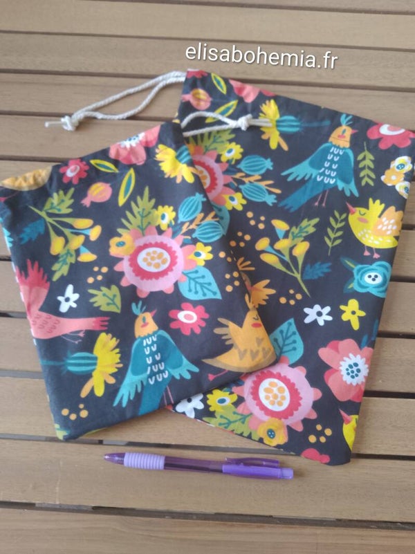 Duo de pochons écolo fleurs et oiseaux multicolore