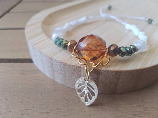 Bracelet de perles miel, vert et blanc