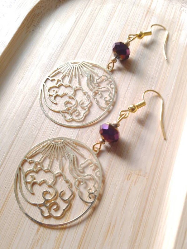 Boucles d'oreilles nuages japonais prune et or