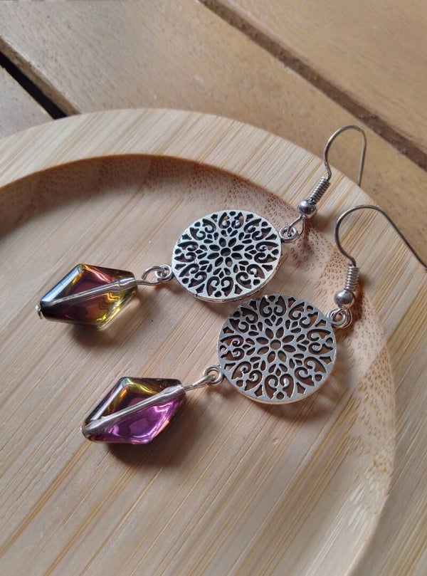 Boucles d'oreilles mandala violet et jaune