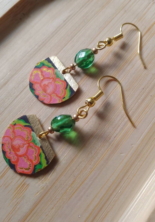 Boucles d'oreilles fleurs rose et or