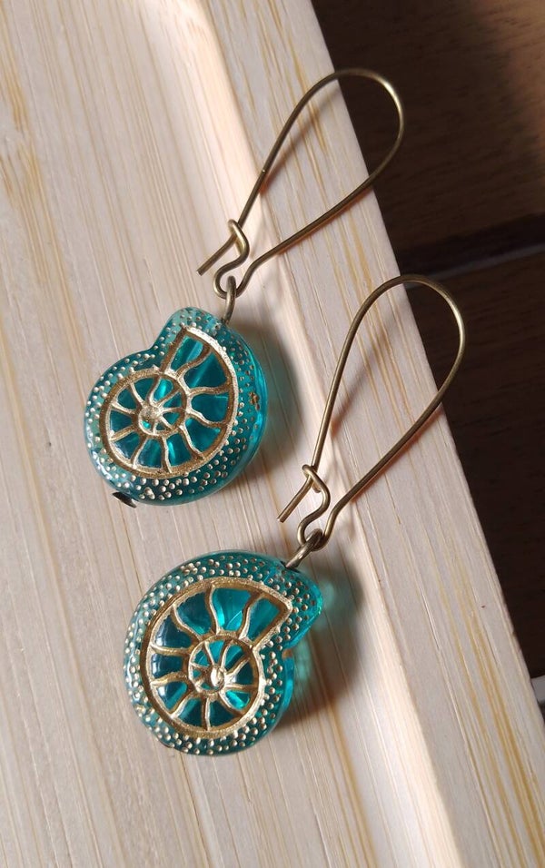 Boucles d'oreilles ammonites turquoise et doré
