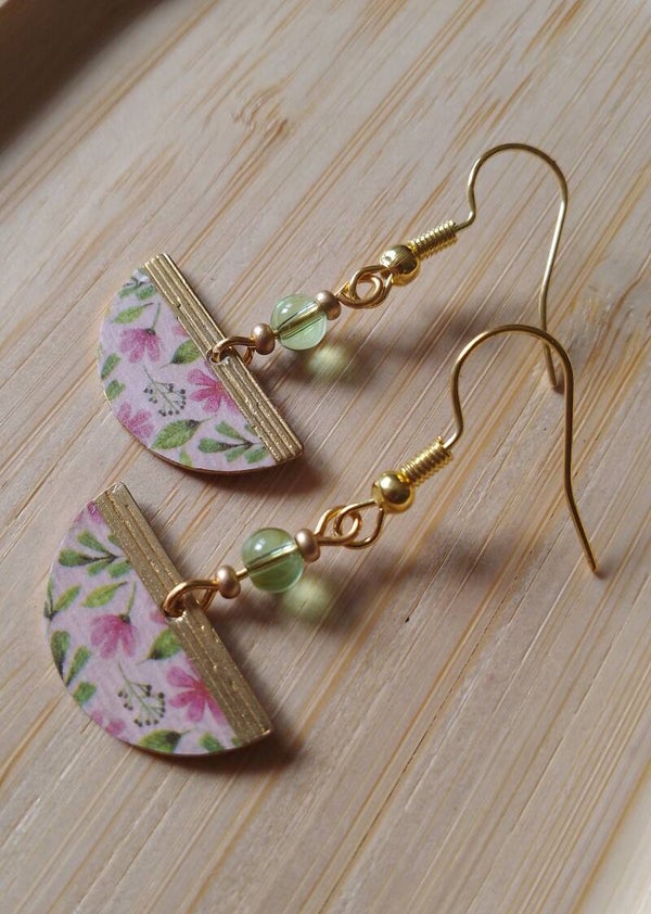 Boucles d'oreilles fleuries rose et vert