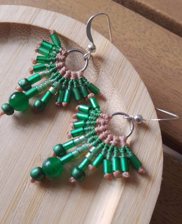 Boucles d'oreilles éventails beige et vert