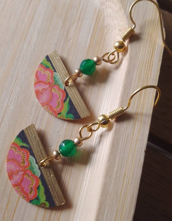 Boucles d'oreilles fleuries rose et vert
