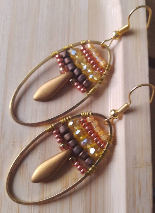 Boucles d'oreilles perlées cuivre et or
