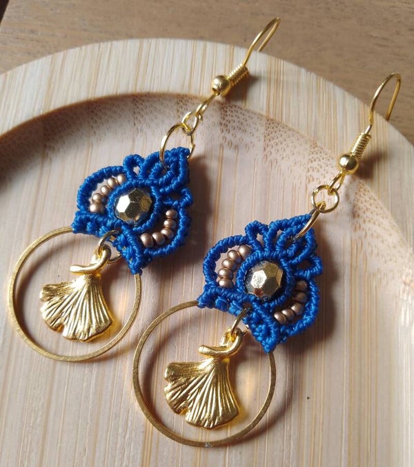 Boucles d'oreilles gingko bleu indigo