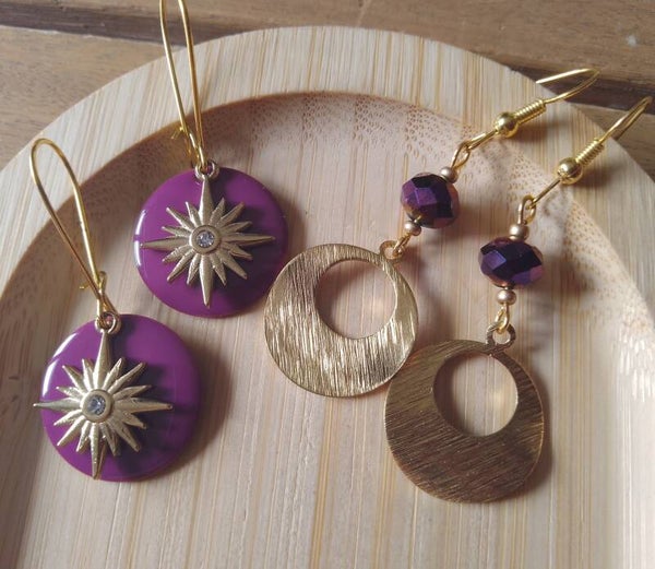 Boucles d'oreilles mauve et doré