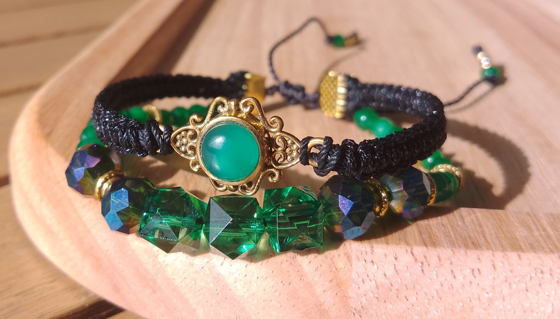 Bracelet perles et macramé onyx vert noir