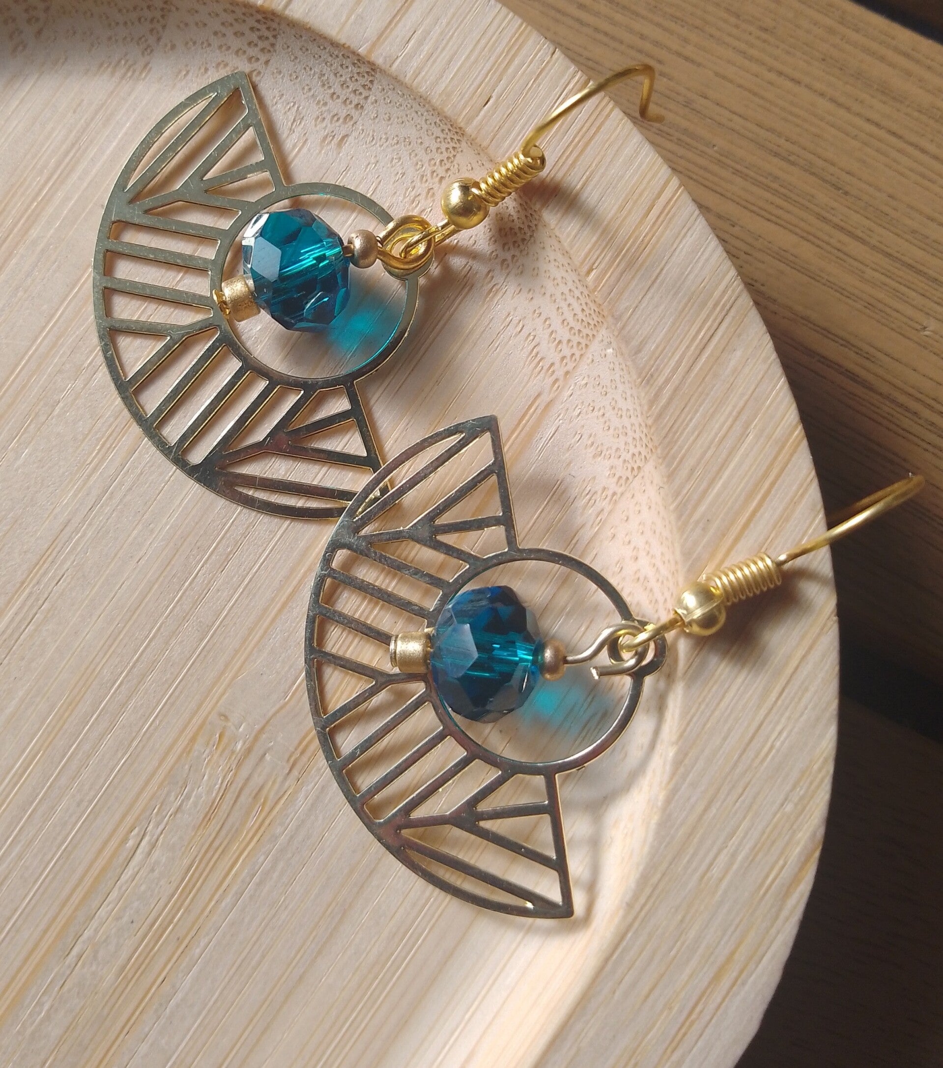 Boucles d'oreilles art nouveau doré et bleu pétrole