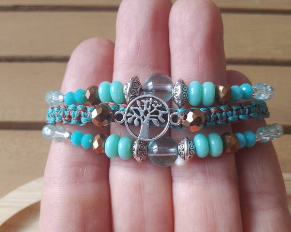 Bracelet perles et macramé turquoise et bronze