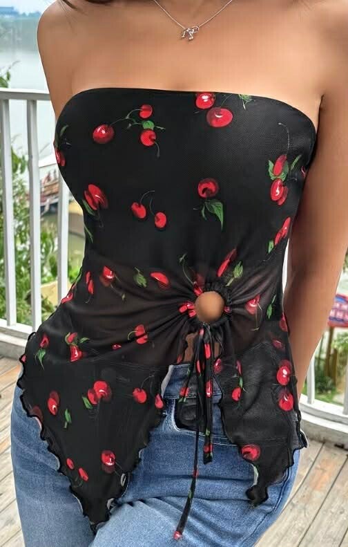 Svart stroppeløs topp med kirsebærprint
