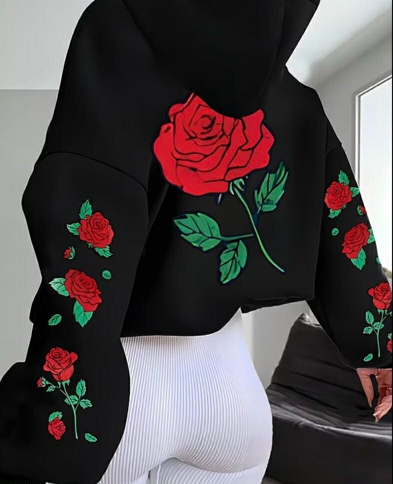 Crop Hoodie med Roseprint – Svart