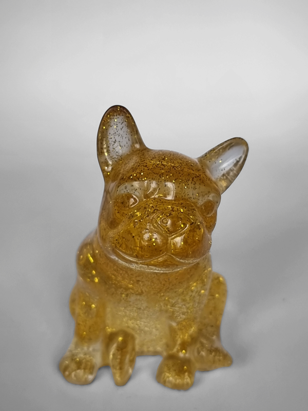 Franse bulldog zittend, transparant met gouden glitters