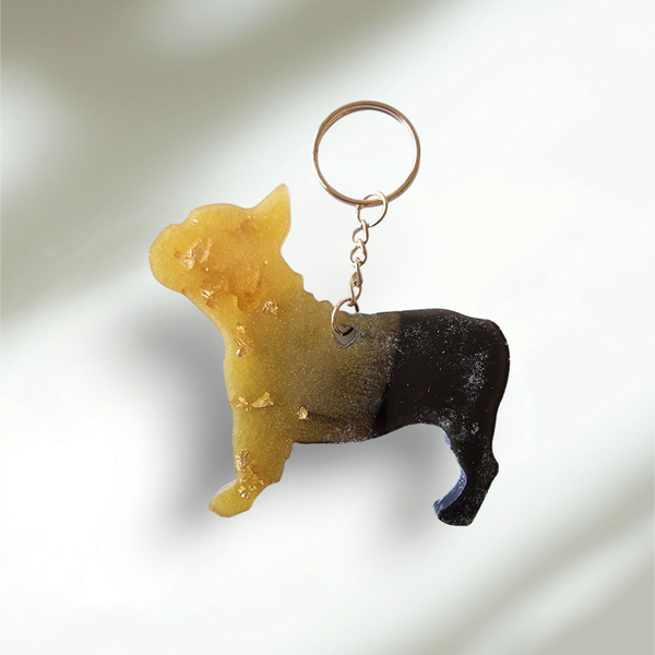Franse bulldog sleutelhanger, geel, goudkleurige folievlokken en zwart