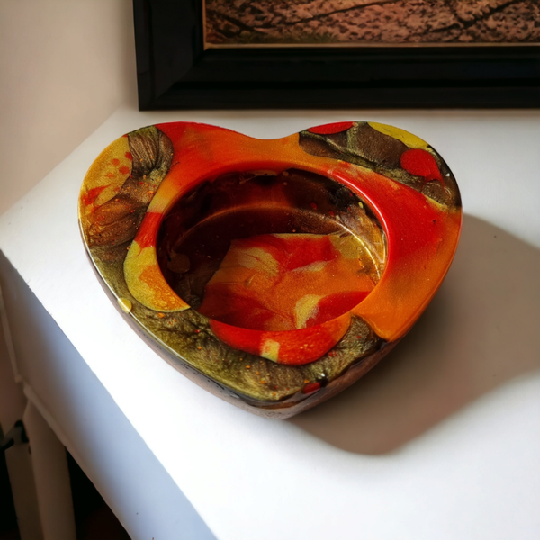 Waxinelichthouder hartvormig, rood, bruin, geel