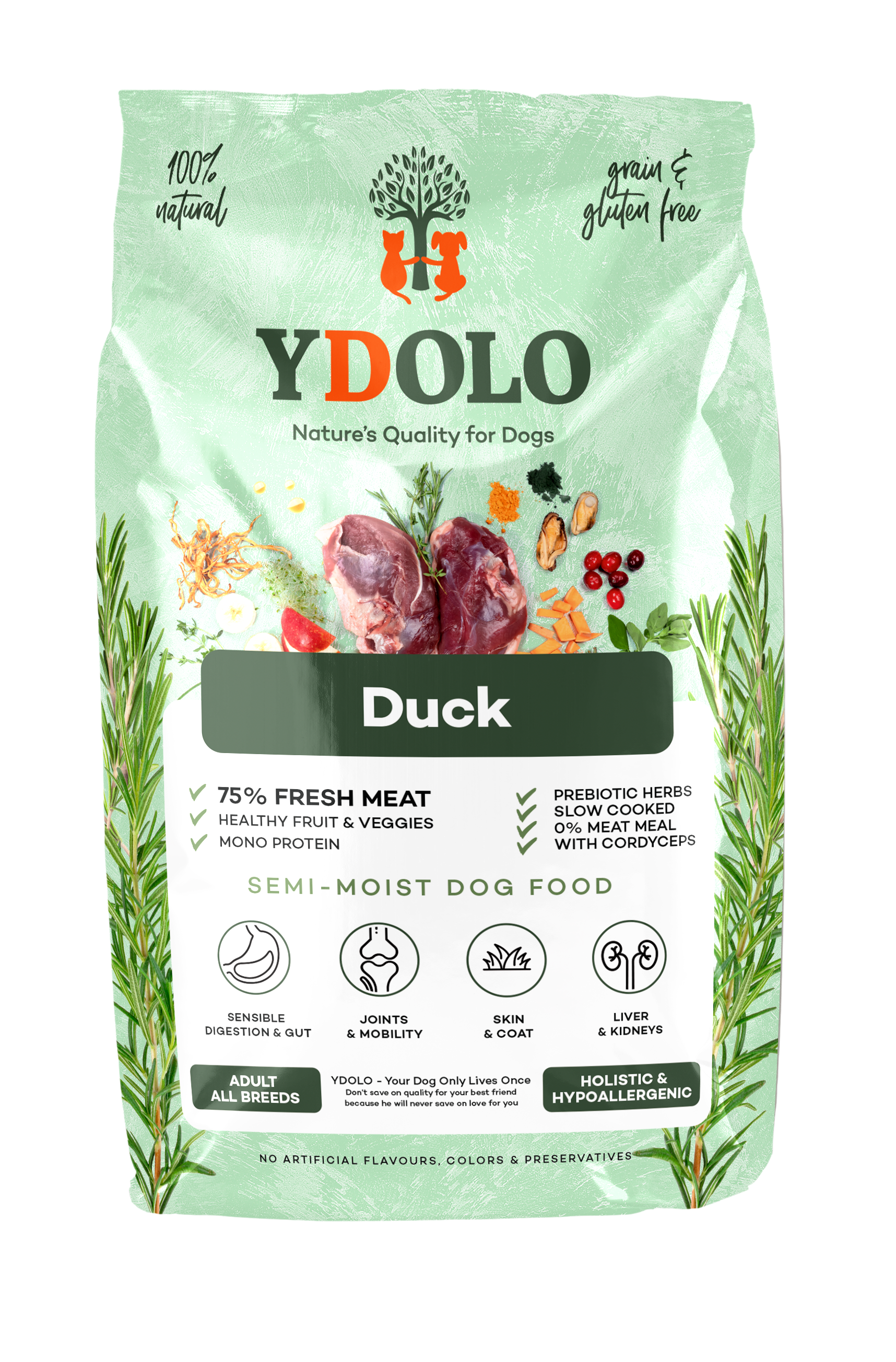 YDOLO Healthy & Pure Eend (Duck) - Semi-Moist Hondenvoer - Graanvrij & Hypoallergeen - 2,5 kg