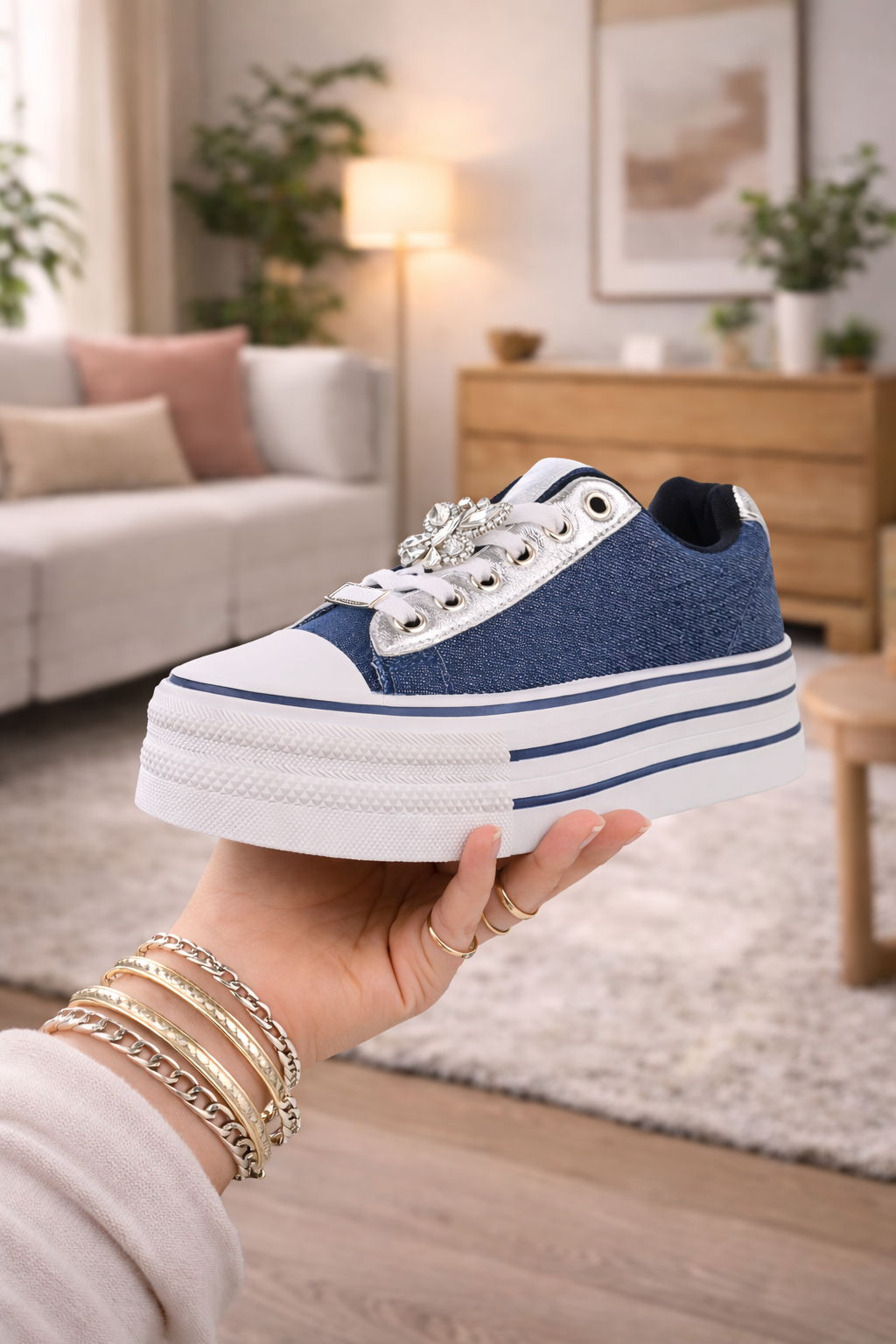 Elara Denim Glam Platform Sneaker