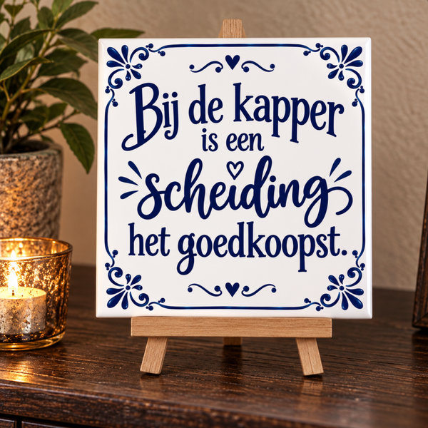 Tegeltje met tekst: Bij de kapper is een scheiding het goedkoopst