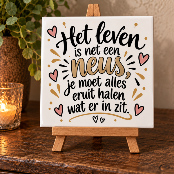 Tekst tegeltje: Het leven is net een neus, je moet eruit halen wat erin zit
